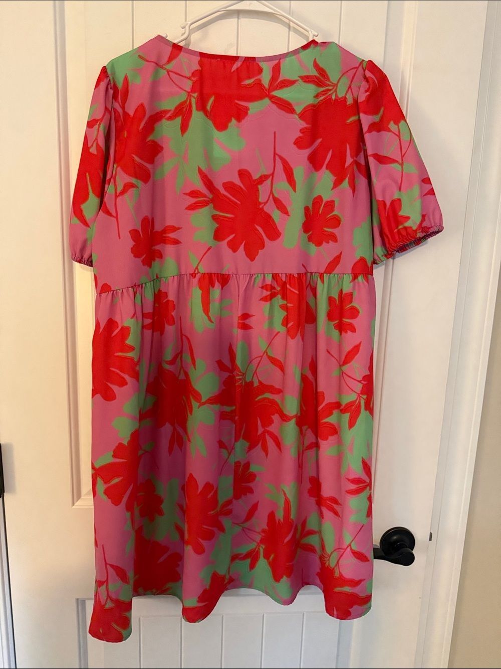 Carole Christian Pink Red Floral Puff Sleeve Babydoll Mini Dress V-Neck NWT - Picture 4 of 5